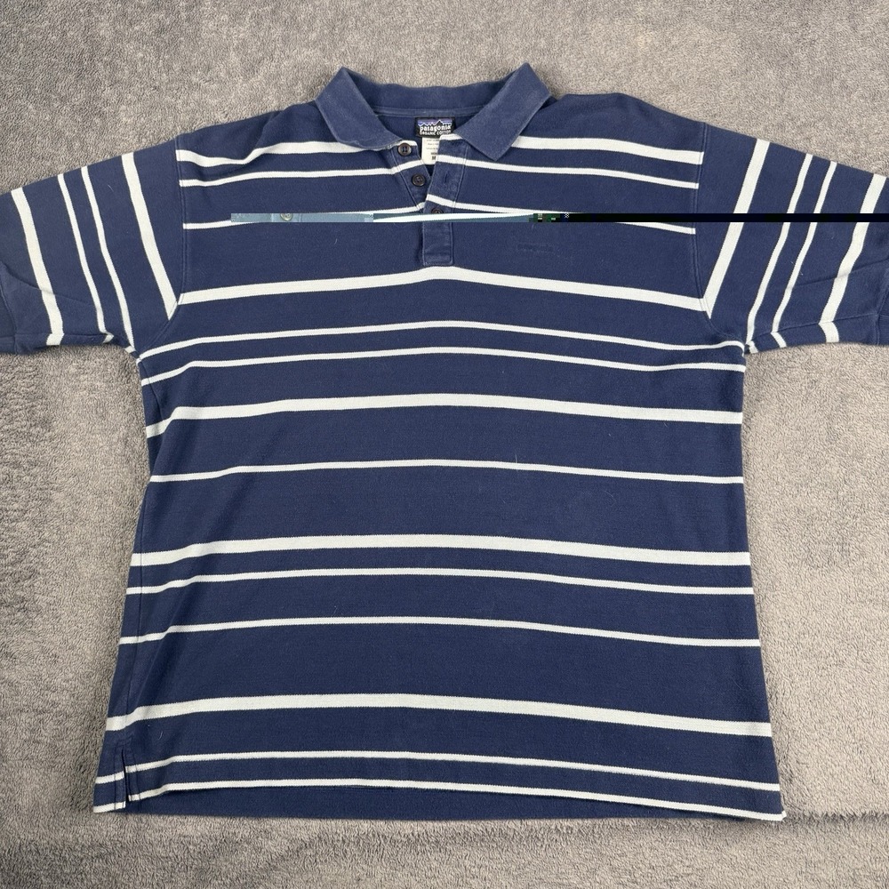 Patagonia Polo Shirt Mens Medium Blue Organic Cotton Short Sleeve Stripe